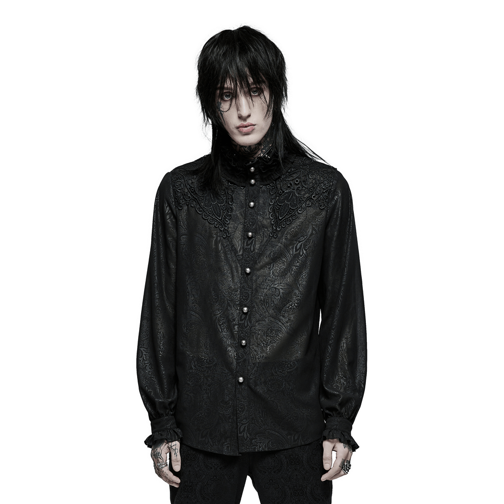 Chic Gothic long sleeve shirt with ruffle neckline and intricate appliques for a stylish, edgy look.