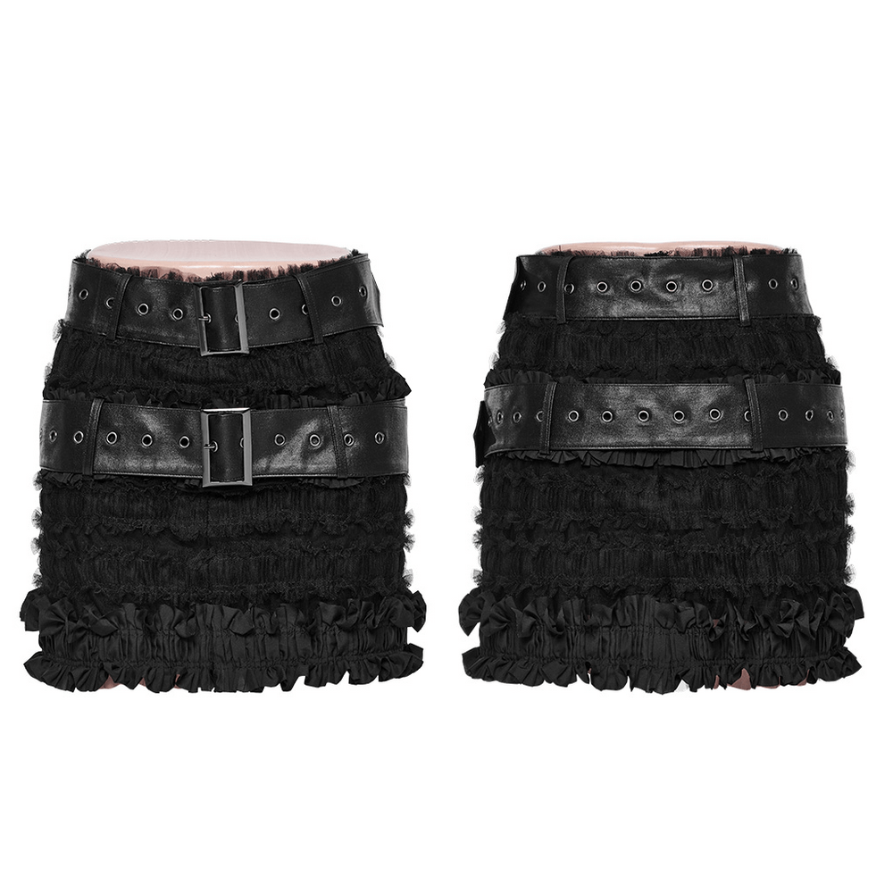 Ruffled black gothic skirt with detachable leather belts, featuring layered mesh and woven ruffles for a unique fit.