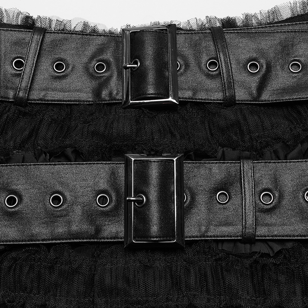 Close-up of detachable leather belts on the ruffled gothic skirt, showcasing adjustable buckles and edgy design.