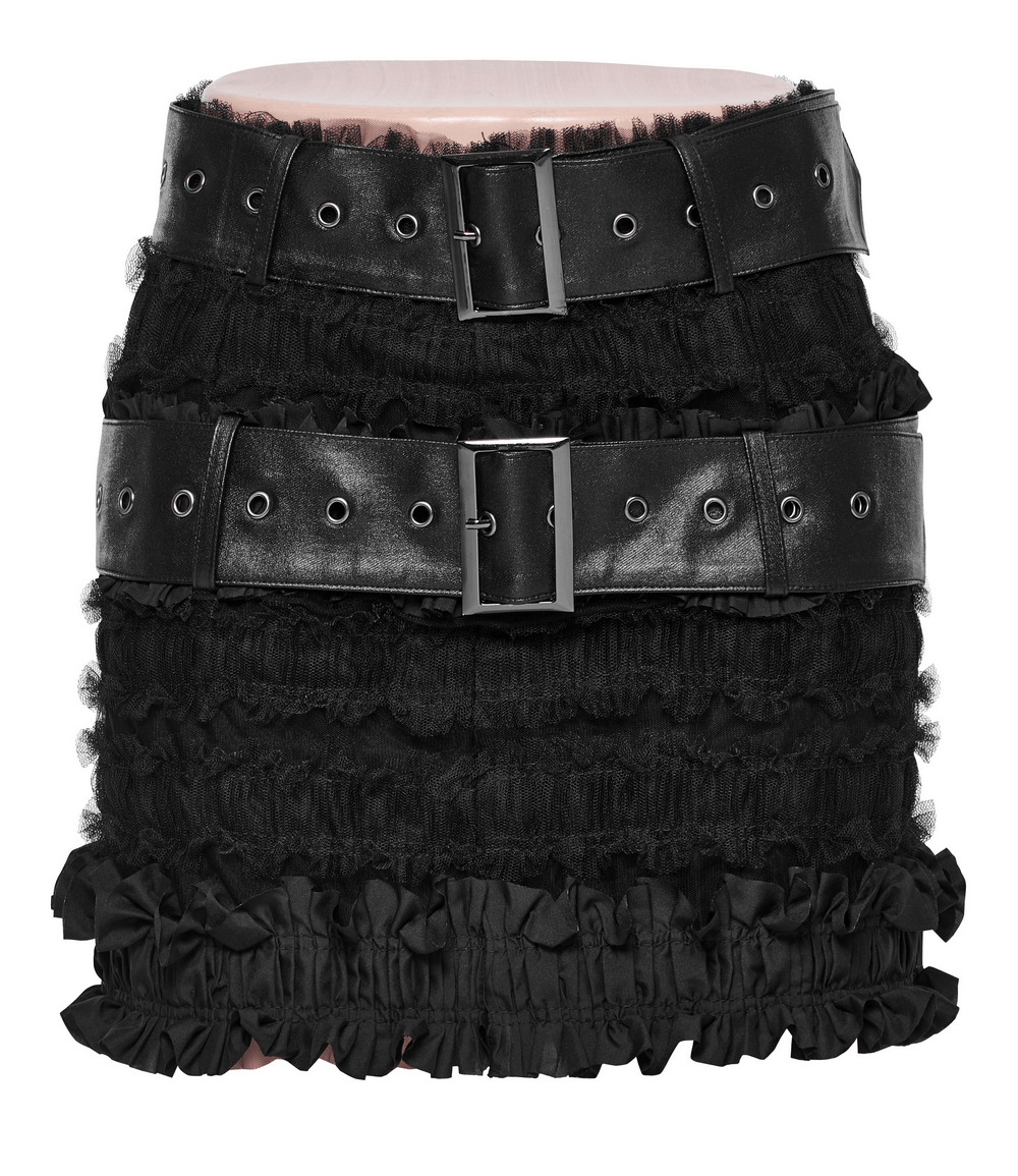 Ruffled Gothic Skirt with detachable leather belts in black, showcasing adjustable layered design for stylish rebellion.