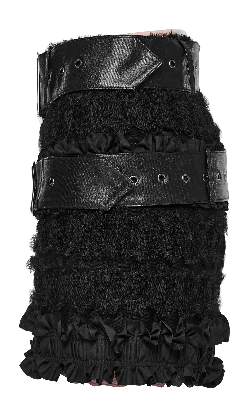 Ruffled gothic skirt with detachable leather belts in black, showcasing layered mesh and woven ruffles.