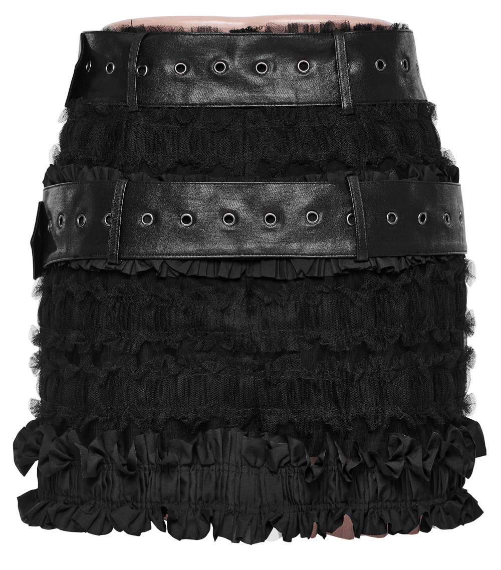 Ruffled black gothic skirt with detachable leather belts, showcasing layered mesh and woven ruffles for a unique edgy style.
