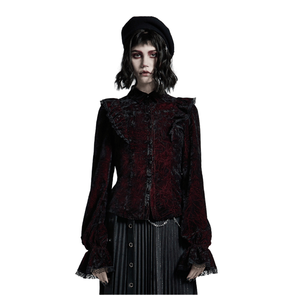 Ruffled velvet Gothic blouse with lace-up back, featuring intricate patterns and a slim fit for a stylish dark look.