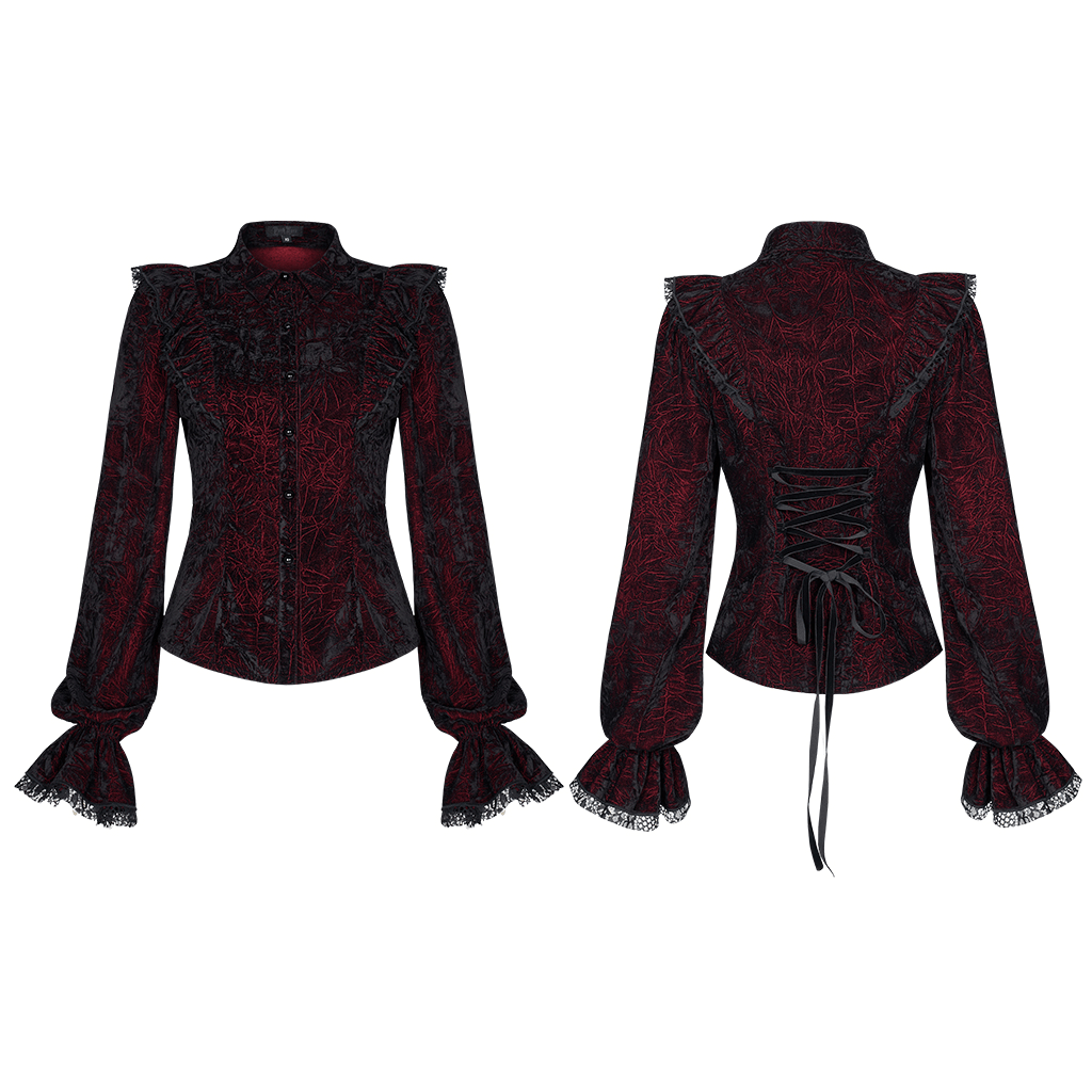 Ruffled Gothic women's blouse in printed velvet with lace-up back and elegant ruffled sleeves.