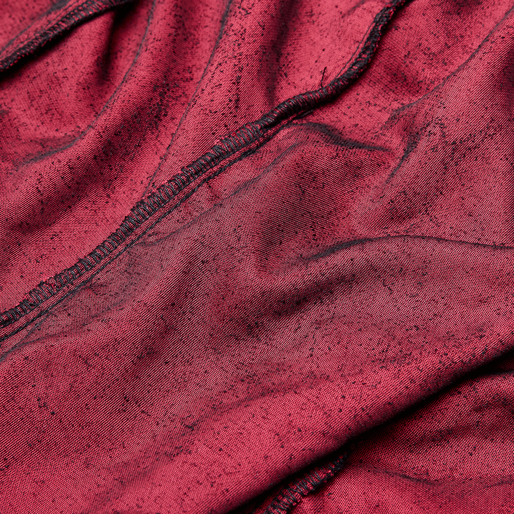 Close-up of rich burgundy velvet fabric with ruffled texture, perfect for a gothic blouse.