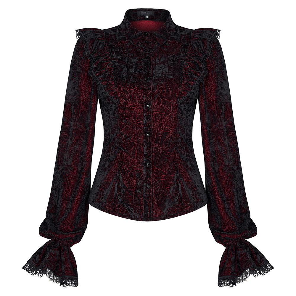 Ruffled velvet Gothic blouse with lace-up back, featuring intricate patterns and elegant cuffed sleeves.
