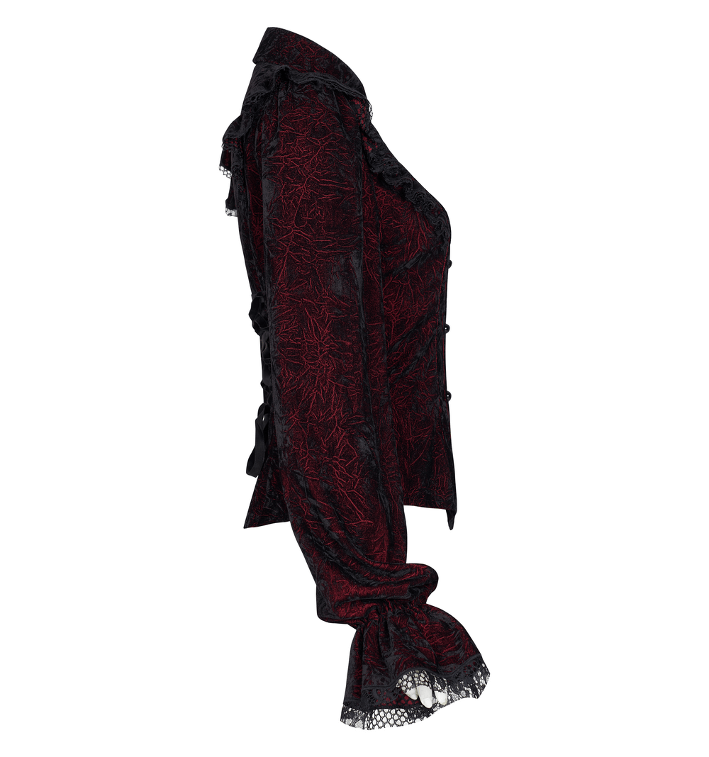 Ruffled Velvet Gothic Women's Blouse with Lace-Up Back, featuring intricate printed patterns and elegant ruffles.