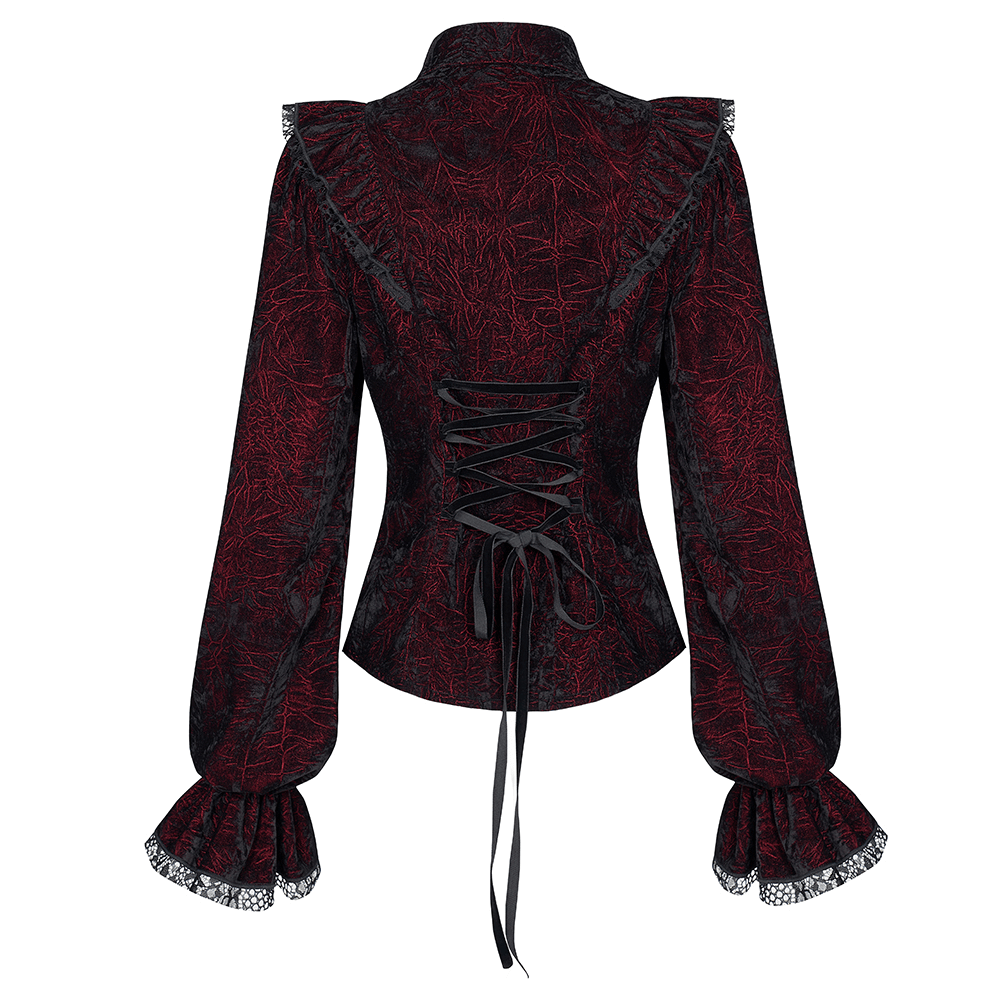 Back view of a ruffled velvet Gothic women's blouse with lace-up design and elegant lace cuffs.