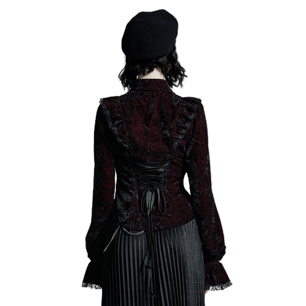 Back view of a ruffled velvet Gothic blouse with lace-up detail, perfect for dark romance outfits.