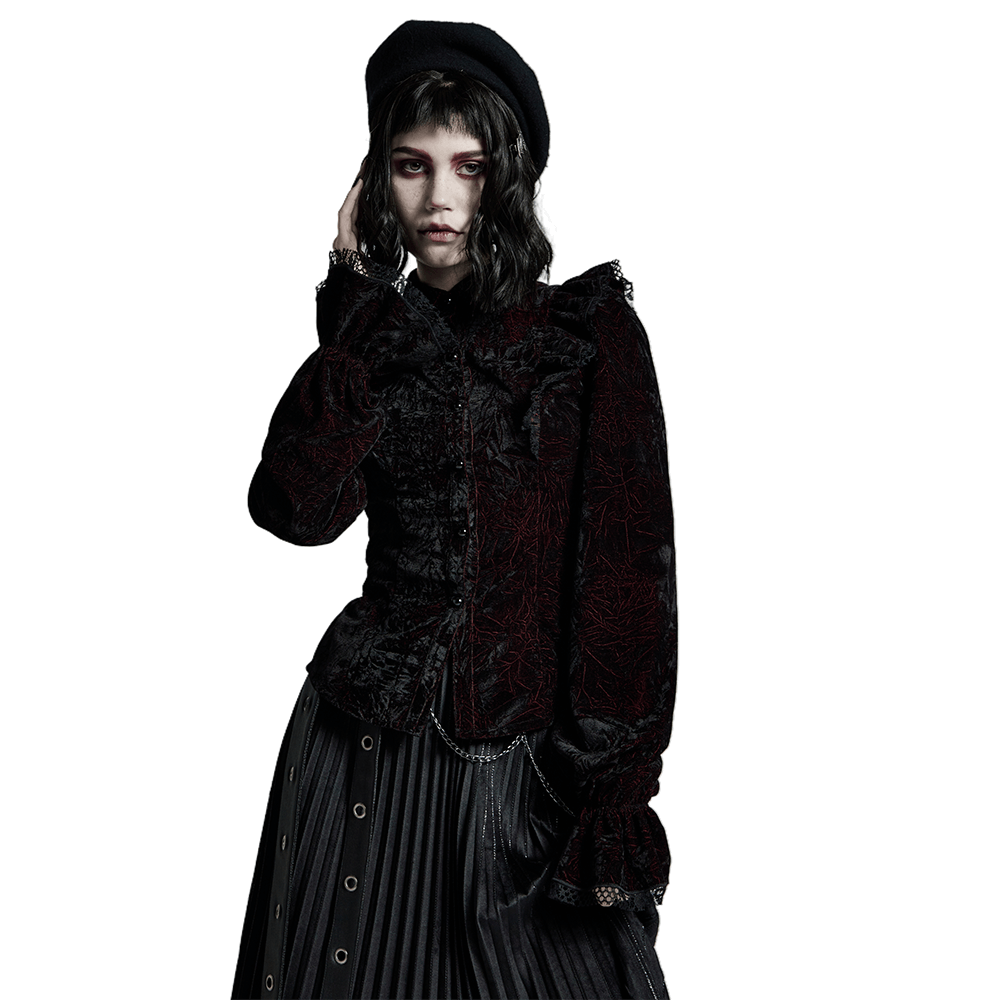Gothic women's ruffled velvet blouse with lace-up back, paired with a pleated skirt and black beret.