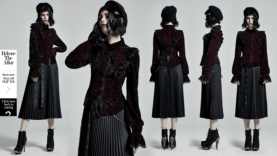 Ruffled velvet gothic women's blouse with lace-up back, showcasing intricate printed patterns and slim fit in a dark romantic style.