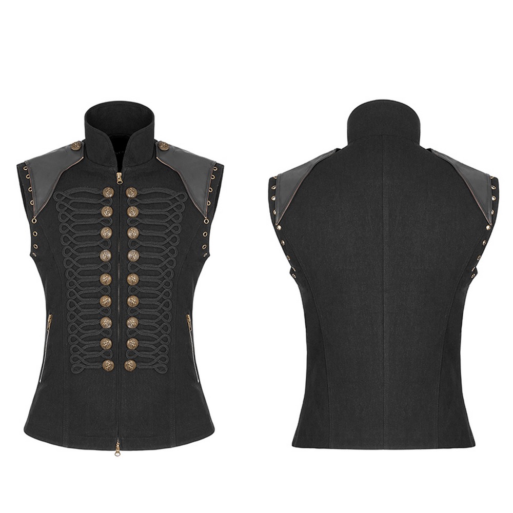 Rugged denim military waistcoat with ornate button details and stylish shoulder accents, front and back views.