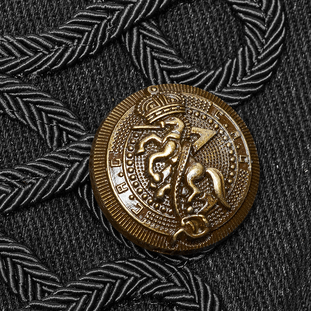Close-up of ornate gold button on rugged denim military waistcoat with decorative braided detail.