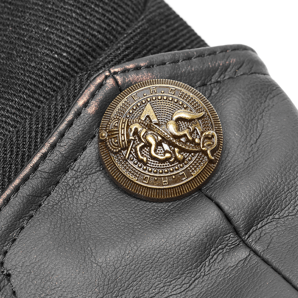 Close-up of ornate button detail on rugged denim military waistcoat, showcasing stylish design and craftsmanship.