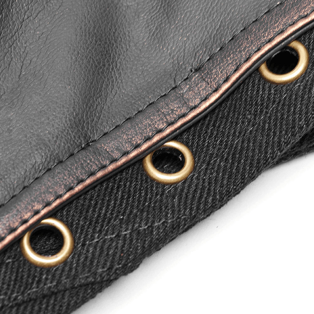 Close-up of rugged denim waistcoat with ornate buttons and grommets for a stylish military-inspired look.