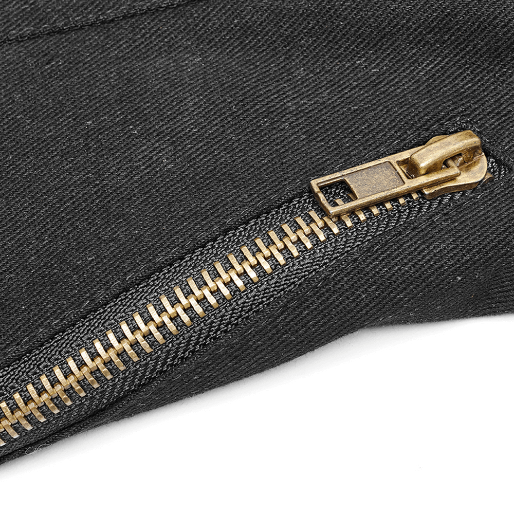 Close-up of a rugged denim zipper showcasing ornate detail and durability for stylish military waistcoat.