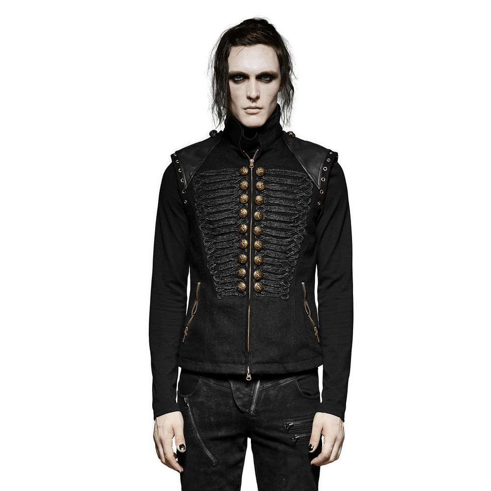 Rugged denim military waistcoat with ornate button detail and edgy style, perfect for bold fashion statements.