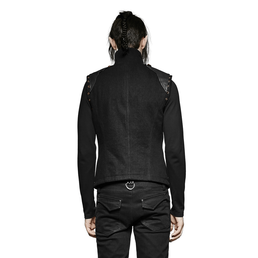 Back view of a rugged denim military waistcoat, showcasing bold shoulder accents and sleek design.