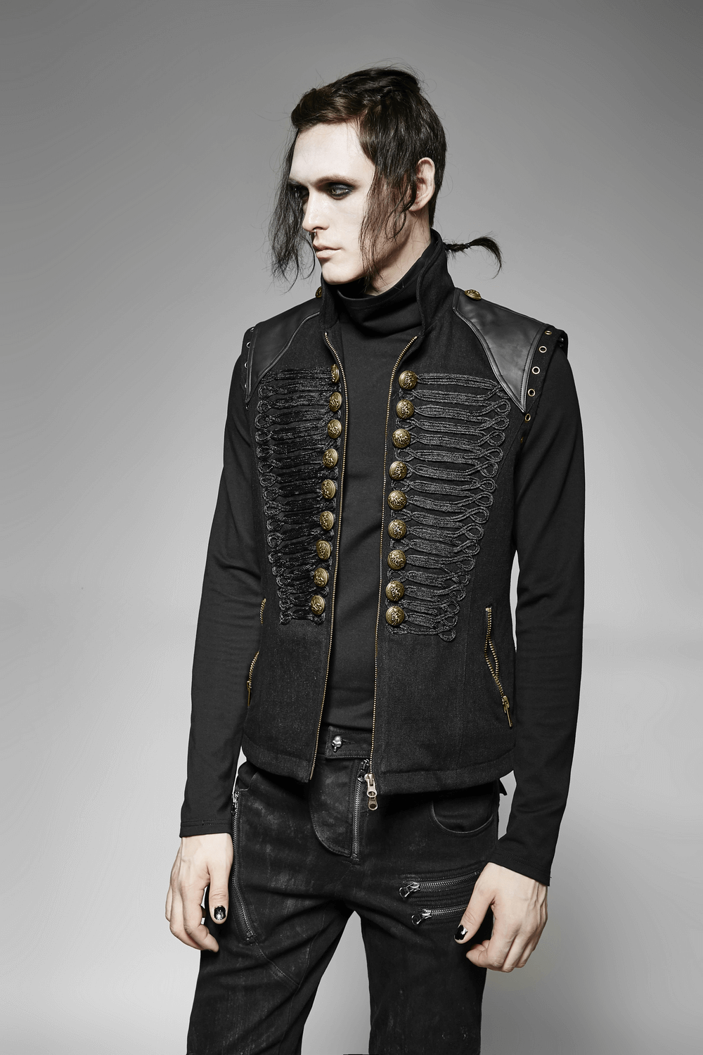 Rugged denim military waistcoat with ornate buttons and stylish design, perfect for a bold, edgy look.