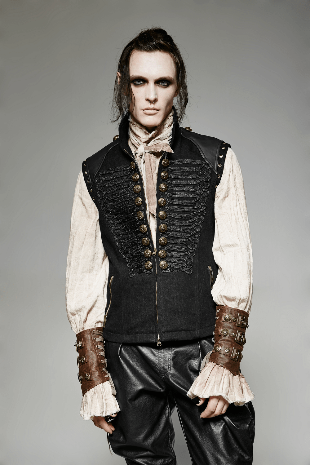 Rugged denim military waistcoat with ornate buttons and stylish sleeves, showcasing a bold, edgy fashion statement.