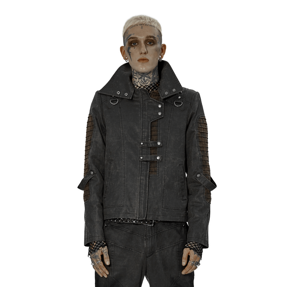 Edgy distressed leather-look urban jacket with high collar and unique sleeve loops, perfect for post-apocalyptic style.