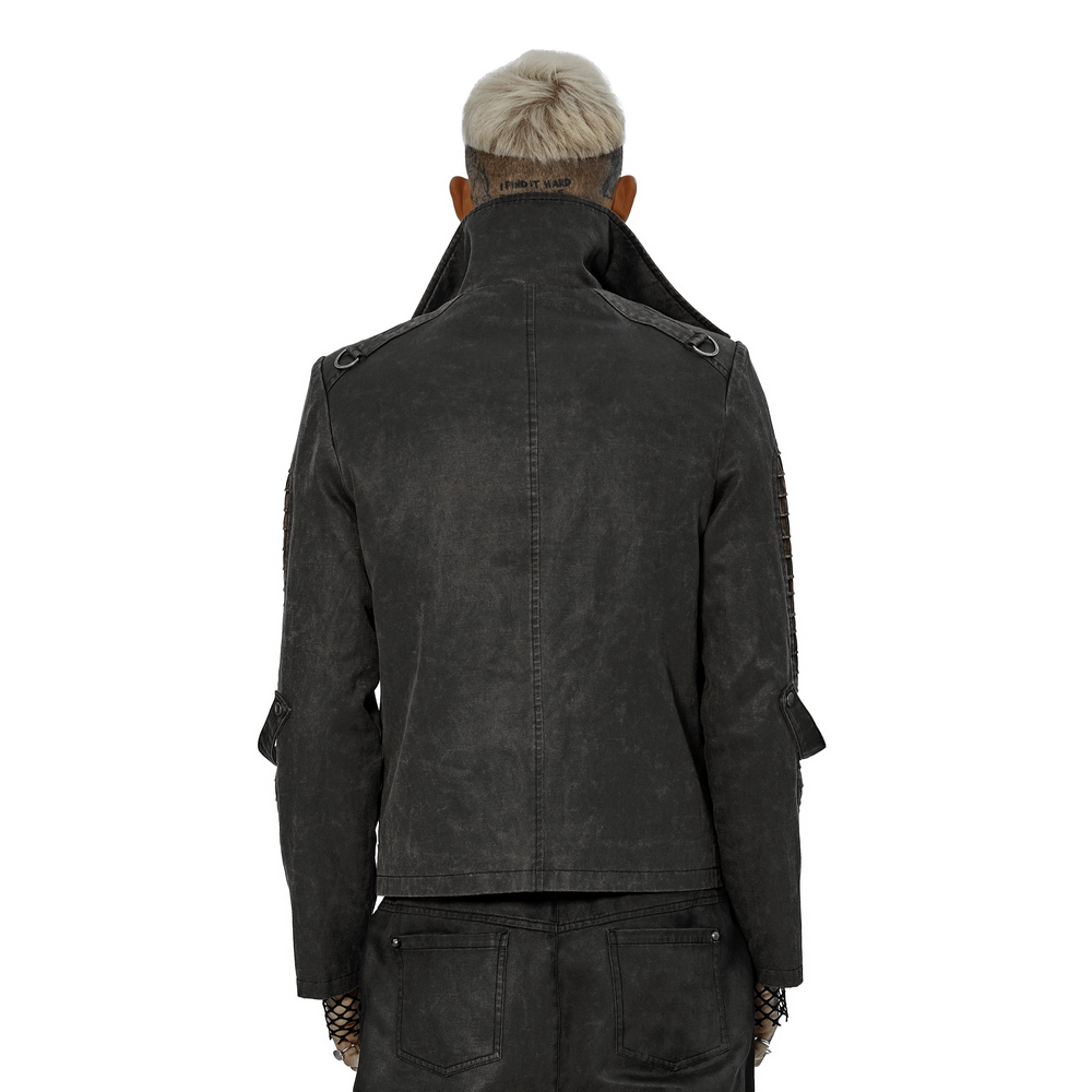 Back view of a rugged distressed leather-look urban jacket, showcasing its high collar and detailed design.