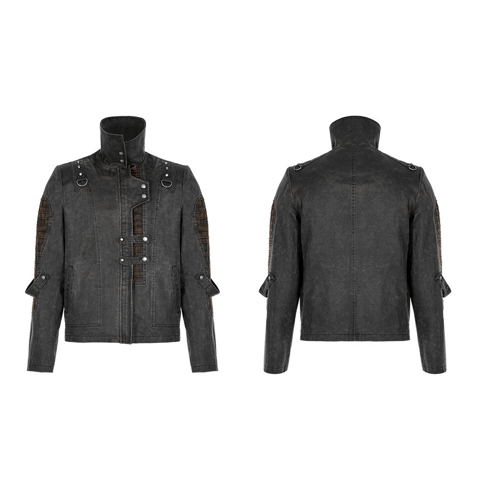 Rugged distressed leather-look urban jacket with asymmetric collar and decorative rivets, perfect for post-apocalyptic style.