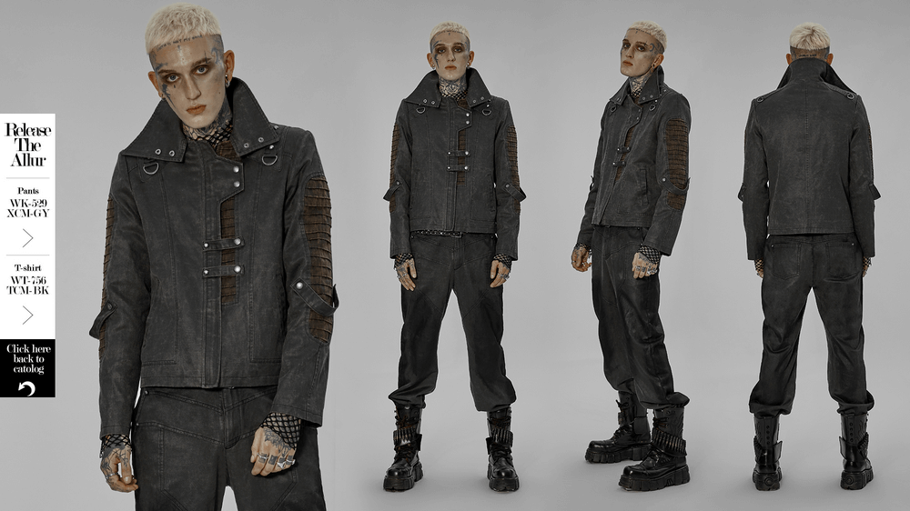 Rugged distressed leather-look urban jacket, edgy post-apocalyptic style, featuring asymmetric collar and decorative rivets.