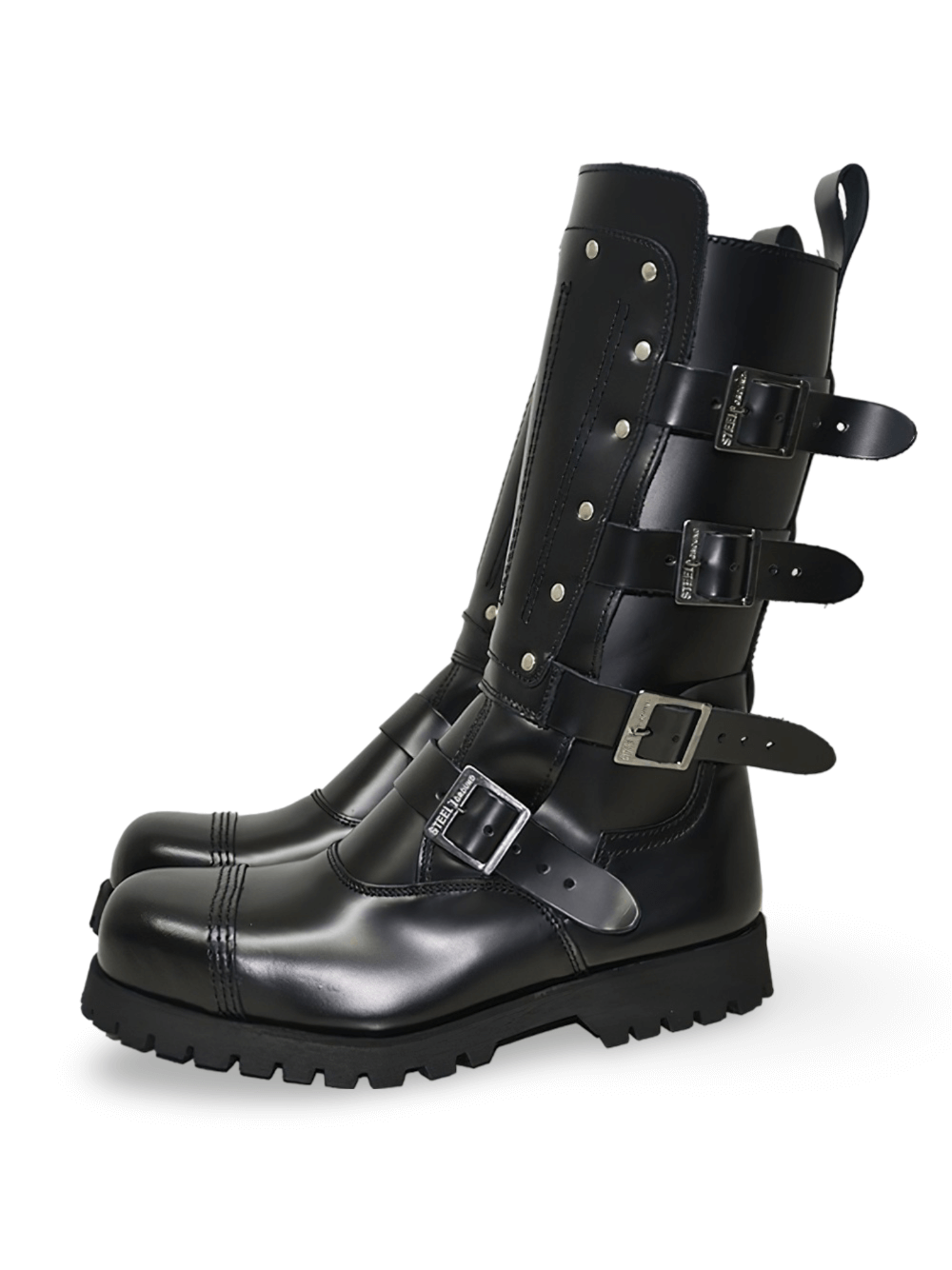 Black Rugged Steel Cap Leather Boots with Buckles