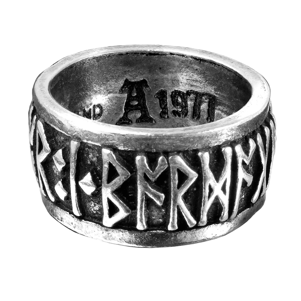 Runic Metal-Wear Ring featuring deep-cut Nordic runes, crafted from fine English pewter, symbolizing courage.