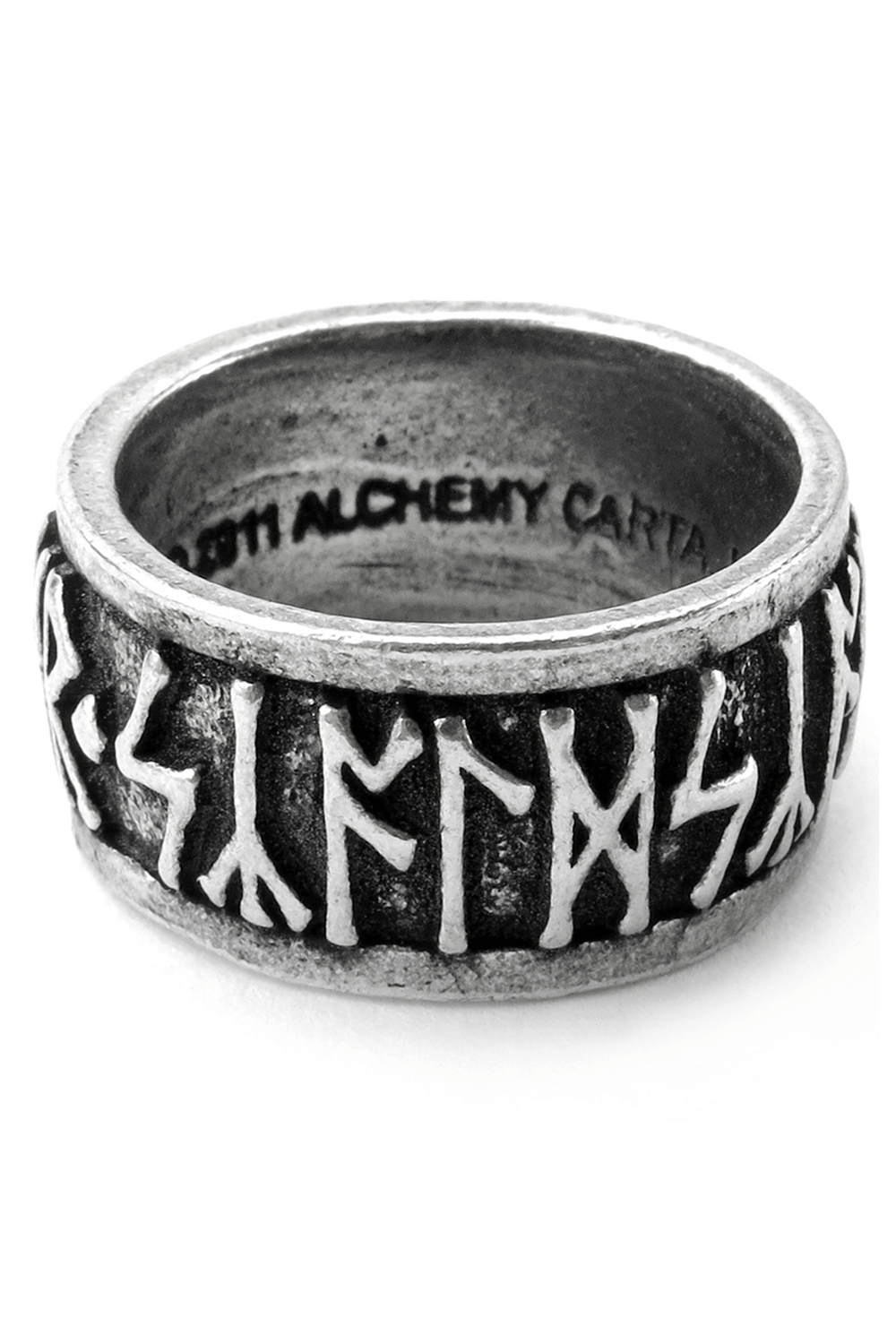 Runic Metal-Wear Ring in fine pewter with deep-cut Nordic runes symbolizing strength and courage.