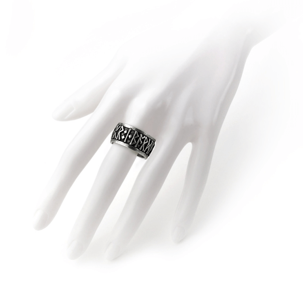 Runic Metal-Wear Ring showcased on a hand mannequin, featuring deep-cut Nordic runes for the warrior spirit.