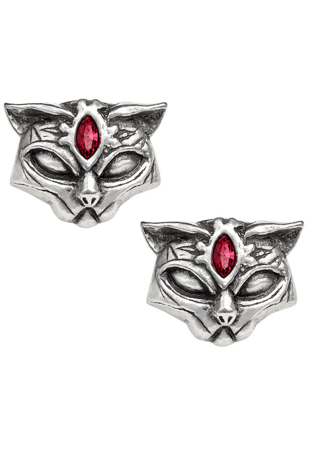 Antiqued pewter cat stud earrings with red Austrian crystal, inspired by Egyptian goddess elegance.