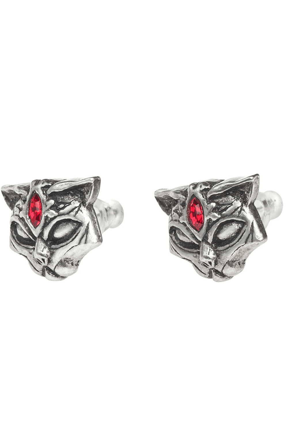 Sacred cat stud earrings in antiqued pewter with red Austrian crystal for a touch of elegance and strength.