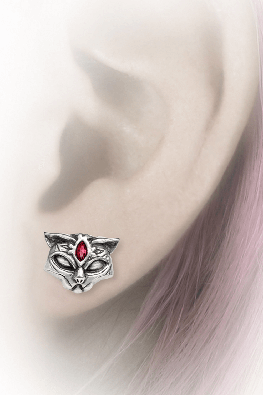 Antiqued pewter cat stud earrings with red Austrian crystal, inspired by the Egyptian goddess. Perfect for strength and grace.