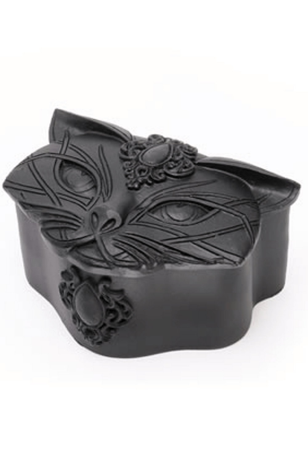 Black resin cat trinket box with intricate detailing for gothic jewelry storage and occult treasures.