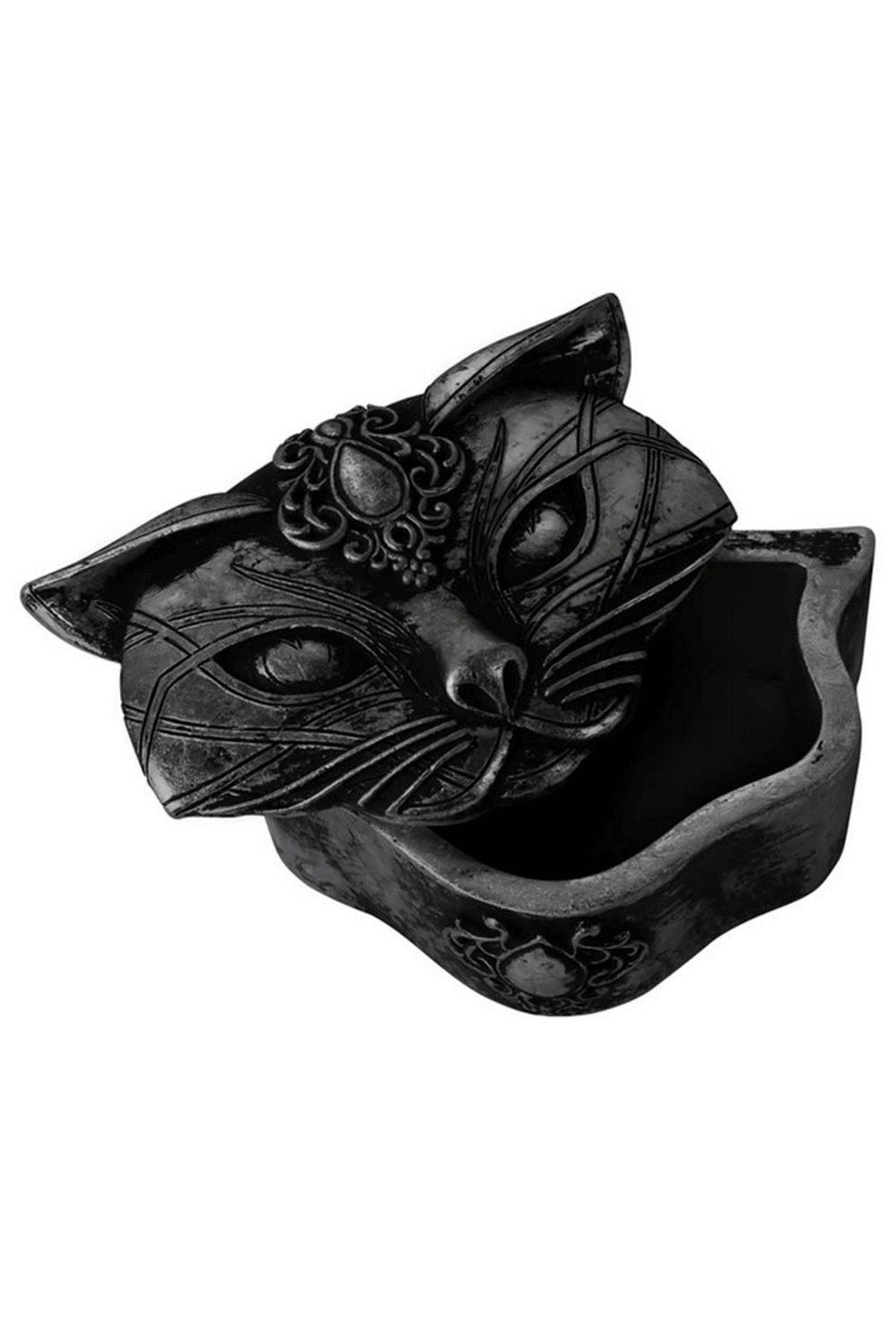 Gothic cat-shaped trinket box in black resin, perfect for jewelry and sacred item storage.