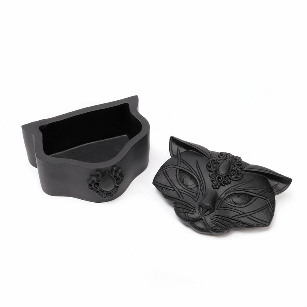 Gothic cat-shaped trinket box in black resin for jewelry and sacred items storage.