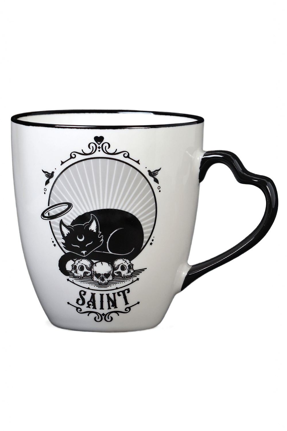 Saint and Sinner double-sided mug with gothic cat design, featuring a saintly black cat and skulls.