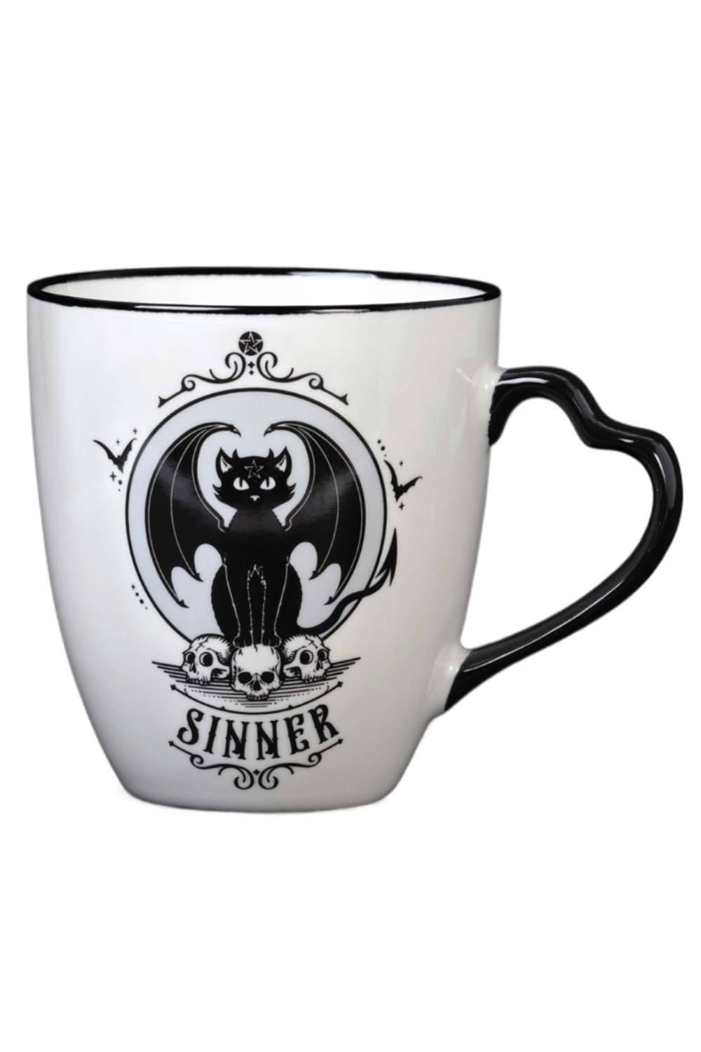 Alchemy Saint and Sinner double-sided mug featuring gothic cat design with heart-shaped handle.