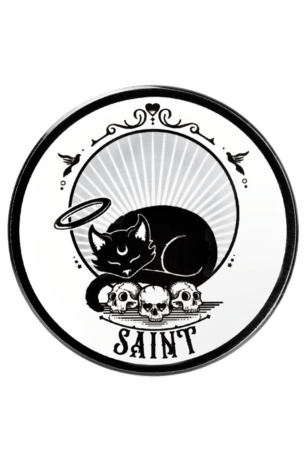Gothic Saint Coaster featuring a haloed black cat on skulls, perfect for witchy home decor by Alchemy.