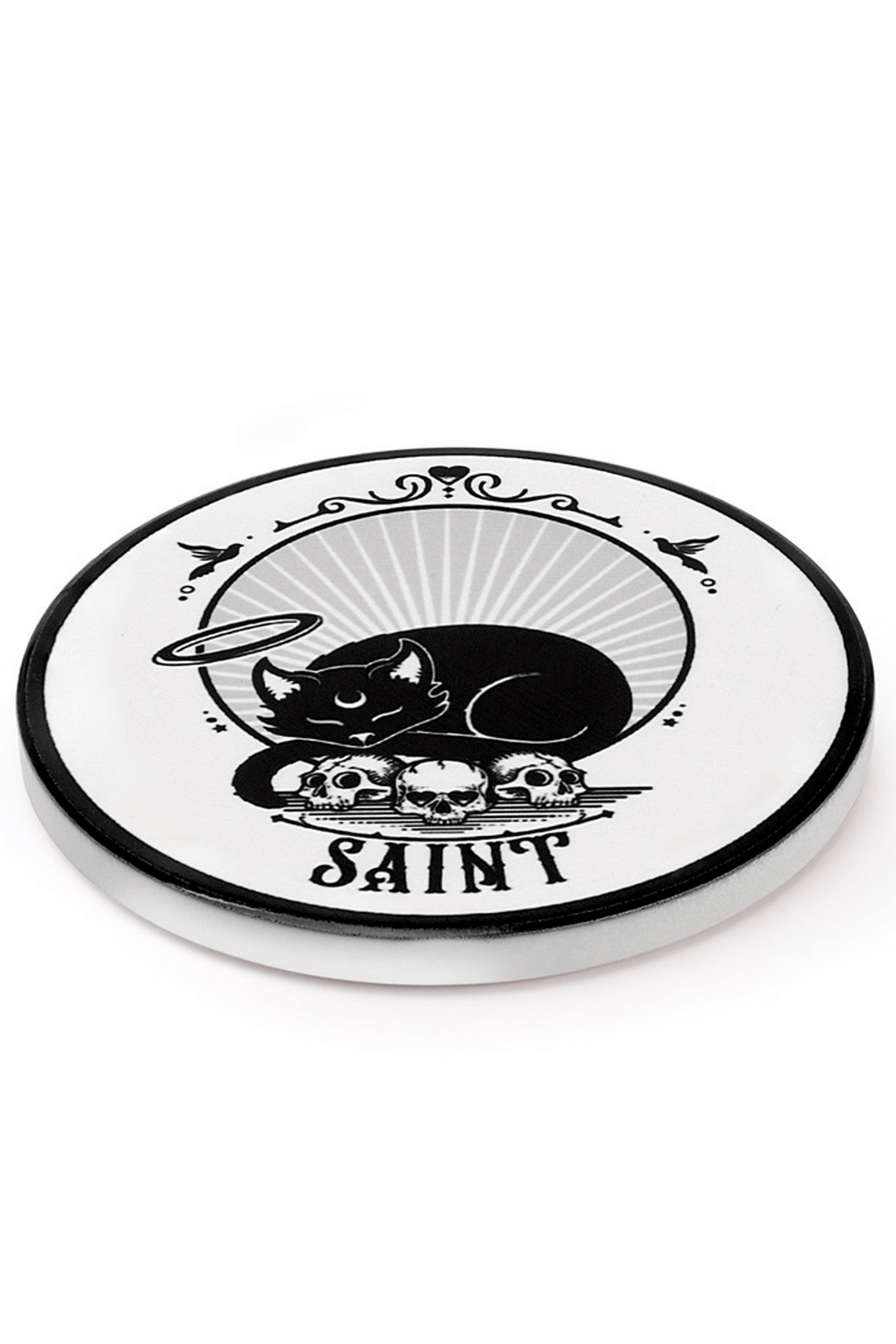 Gothic Saint Coaster featuring black cat and skull design by Alchemy, perfect for witchy home decor.