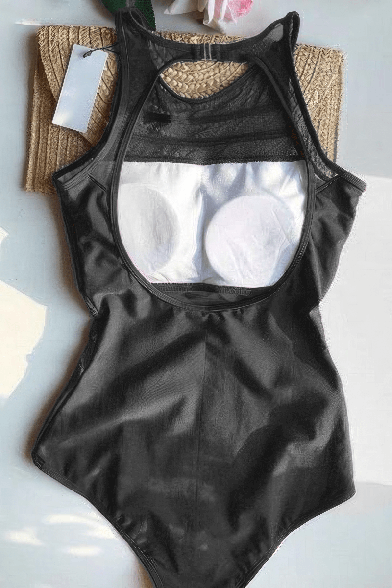 SALE of Women's Black Mesh One-Piece Swimsuit / Sexy High Neck Bathing Suit - EU