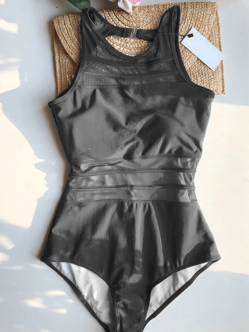 SALE of Women's Black Mesh One-Piece Swimsuit / Sexy High Neck Bathing Suit - EU