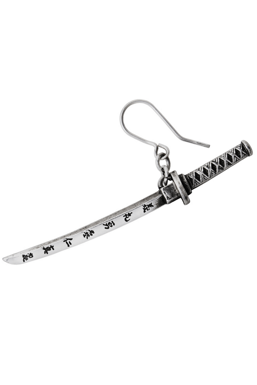 Katana sword earring with Bushido engravings, symbolizing Samurai virtues in a stylish design.