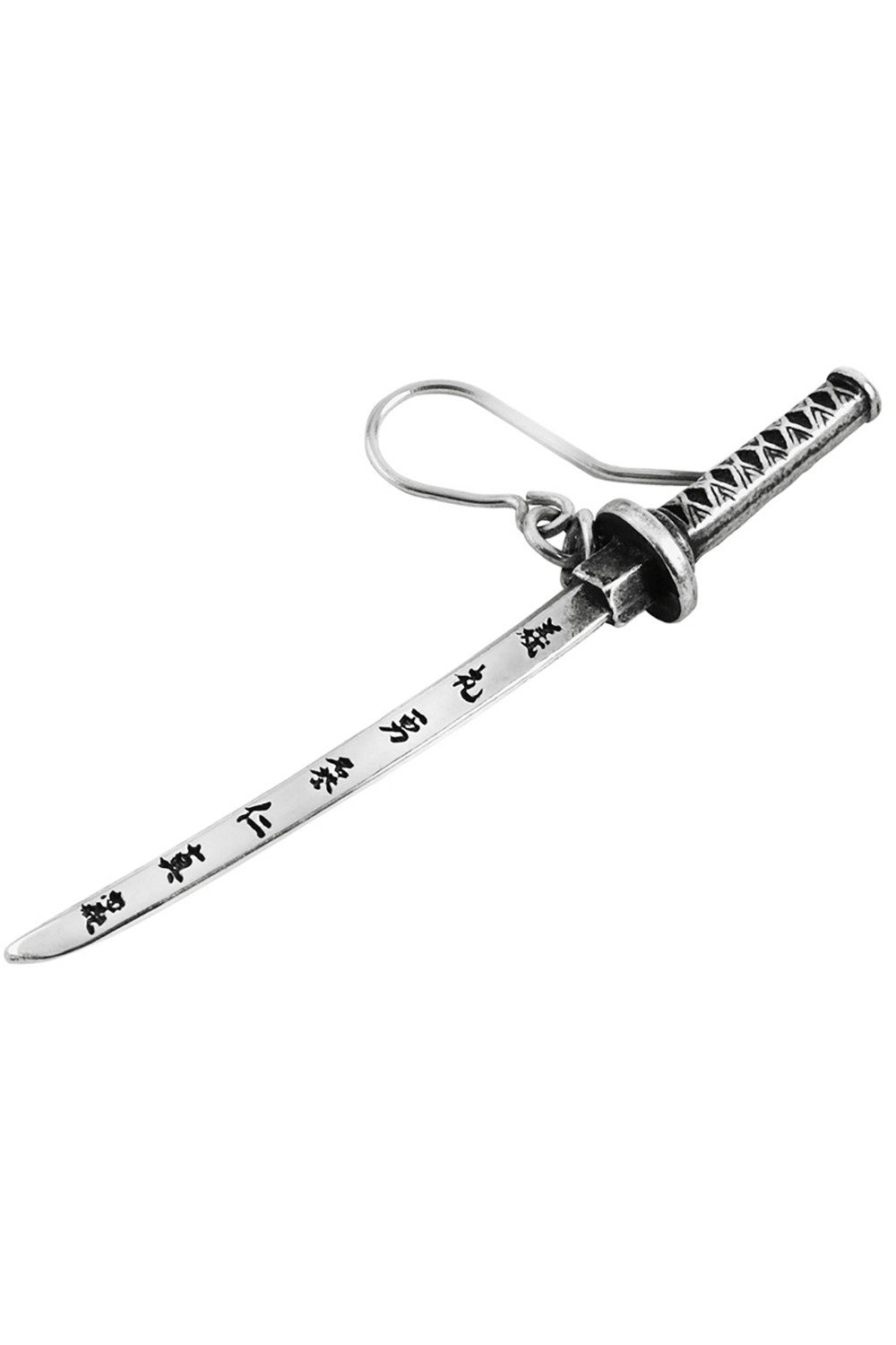 Pewter katana sword earring with Bushido engraving, symbolizing Samurai virtues of honor and loyalty.