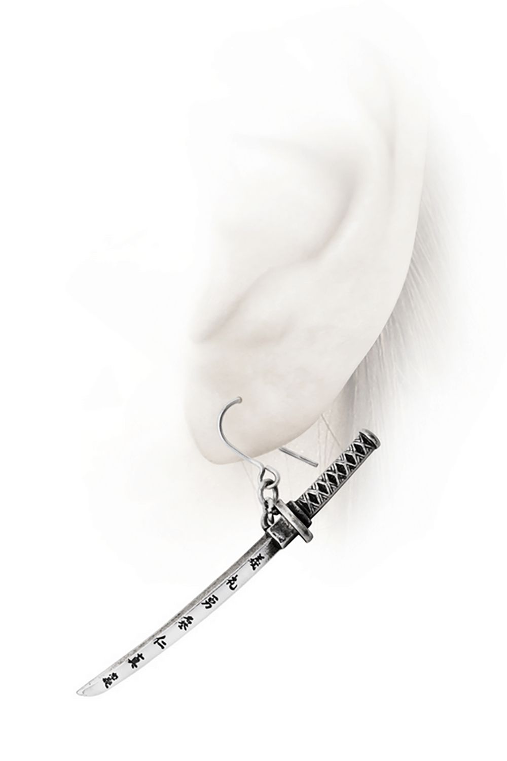 Samurai katana sword earring showcasing Bushido engraving, worn on an ear, symbolizing warrior spirit.