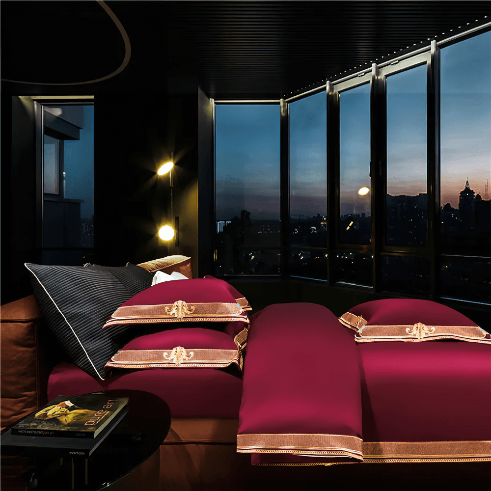 Satin Egyptian Cotton Bedding Set With Gold Embroidery