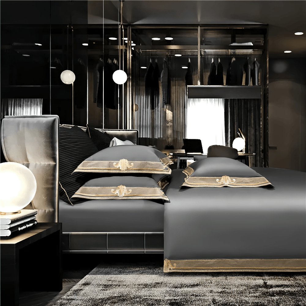 Satin Egyptian Cotton Bedding Set With Gold Embroidery