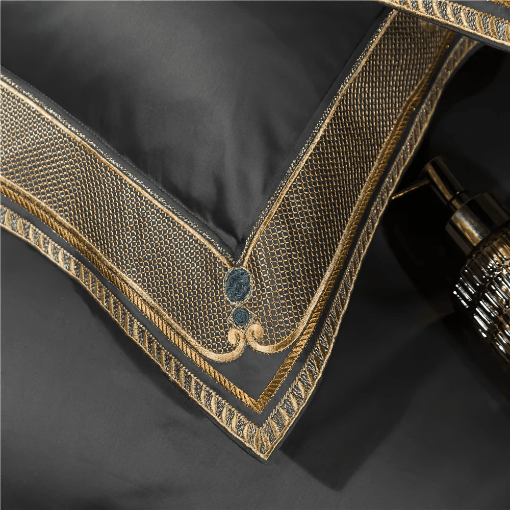 Satin Egyptian Cotton Bedding Set With Gold Embroidery